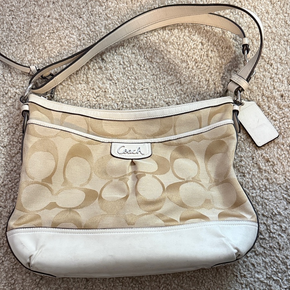 Coach Cream and Beige Signature Canvas Shoulder Bag